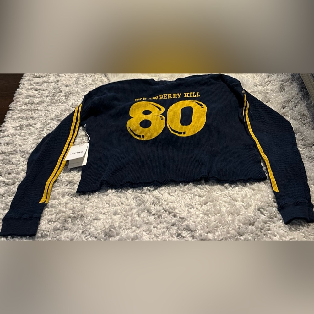 MOTHER Navy / Yellow Long Sleeve Racing Thermal Waffle Cropped Tee. RARE! - Picture 7 of 7
